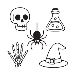 Set of Halloween illustrations: skull, potion, black spider, witch's hat, skeleton hand