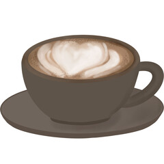 Illustration of a coffee cup with heart shaped latte art on top, placed on a matching saucer. A cozy and warm design perfect for café, breakfast, and coffee themed projects.
