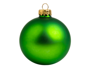 A glossy, deep green Christmas ornament, shaped like a sphere, with a subtle, slightly off-center, smiling face pattern.  A golden-colored hanger is affixed at the top