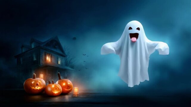 A playful hovering white ghost with a big smile and sticking out tongue. Halloween night scene with a haunted house, bats, and glowing pumpkins.