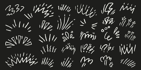 Comic exclamation element set. Chalkboard white sketchy symbols and hand drawn kids chalk doodle motion lines. Stars, marks for highlight, notes, playful designs.