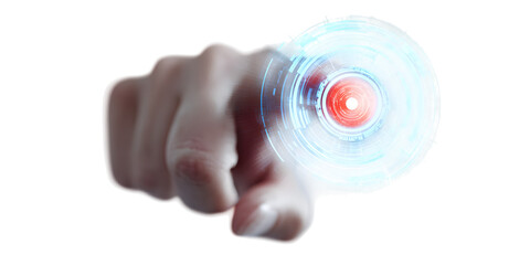 Fingertip activating futuristic glowing digital interface with red center