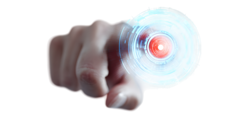 Fingertip activating futuristic glowing digital interface with red center