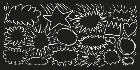 Chalkboard doodle frames. Kids chalk drawings and naive sketch elements. Comic bubbles, stars, hearts, bursts. White outline icon set. 