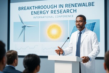 Scientist presenting renewable energy research at international conference with wind, solar, and data visuals in modern background setting. Ai generative
