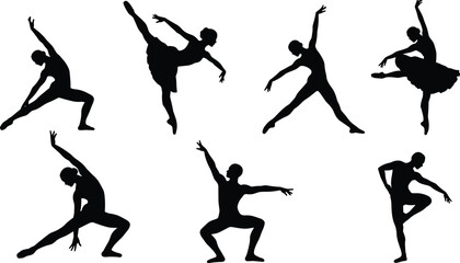 Elegant ballet dancer silhouettes in various graceful poses, classical dance art vector illustration, modern and contemporary ballet movement designs. © Snigdha Creatives