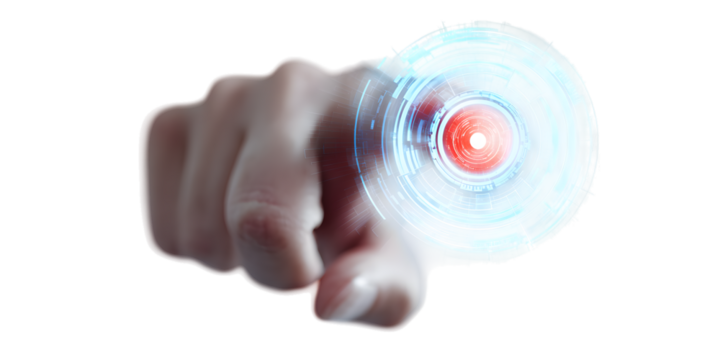 Fingertip activating futuristic glowing digital interface with red center