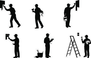 Painter silhouettes working with brushes, rollers, paint cans, ladders, and palettes, vector illustration representing professional painting and decorating services.