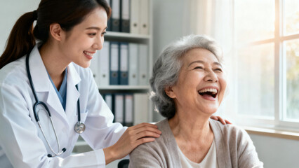 Fototapeta premium Smiling doctor elderly woman healthcare support happiness medical office trust care