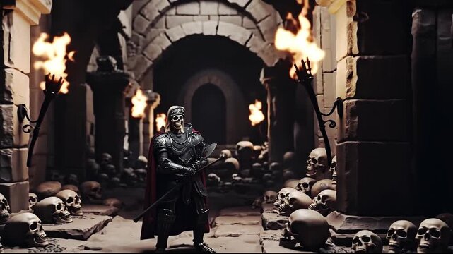 A man dressed as a knight holding a sword in front of a bunch of skulls