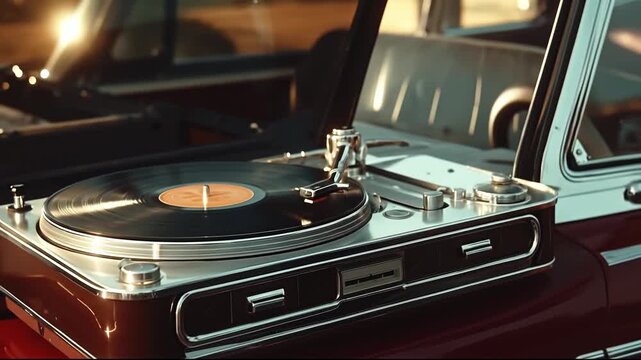 A record player sitting on top of a red car