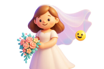 Cute cartoon bride character with pastel flowers and flowing veil, isolated on white background. Wedding celebration concept. Ai generative