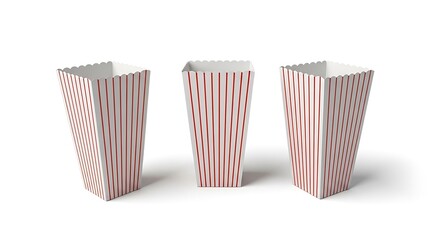 Three empty popcorn containers, showcasing a classic striped design, are presented against a plain white background.