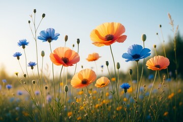 Obraz premium Colorful wildflowers in golden meadow light with blue sky background, delicate petals, soft atmosphere, dreamy floral plant scene.
