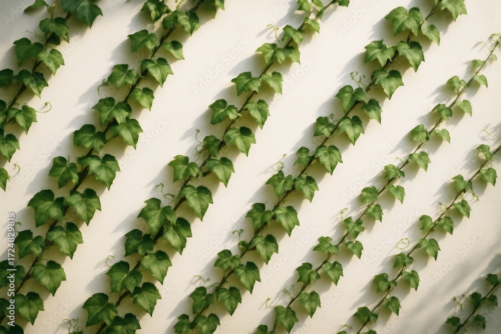 Poster diagonal ivy vines growing on a white wall, creating a nature-inspired background with dramatic ligh