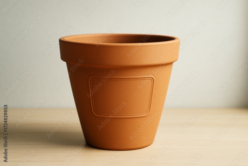Poster empty terracotta flower pot mockup on light wooden surface with neutral background for product prese