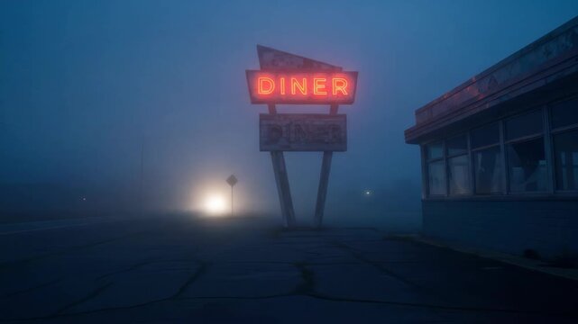 Eerie nighttime scene of a diner in heavy fog with bright neon sign, cars driving by. Diner in thick fog, roadside restaurant.