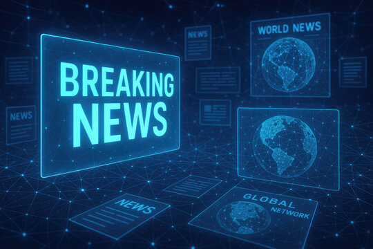 Breaking news screens with globes and news headlines on a digital network grid background world news