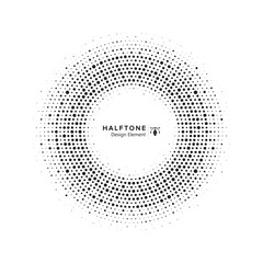 Halftone circle frame dotted background. Round border Icon using halftone random circle dots raster texture. Grunge circular stain element. Vector illustration.