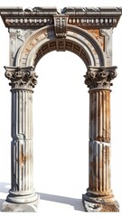 Obraz premium Weathered stone archway with two damaged, fluted columns, exhibiting classical architectural details and a rustic, aged appearance against a white background