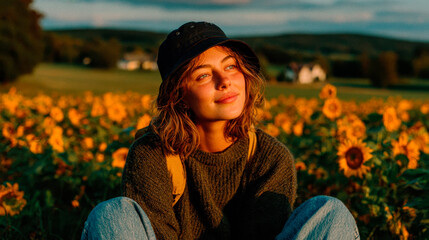 portrait of asian woman wearing a black bucket hat and blue jeans, sitting in the middle of a field of sunflowers.
