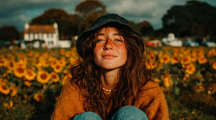 portrait of asian woman wearing a black bucket hat and blue jeans, sitting in the middle of a field of sunflowers.