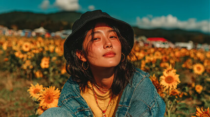 portrait of asian woman wearing a black bucket hat and blue jeans, sitting in the middle of a field of sunflowers.