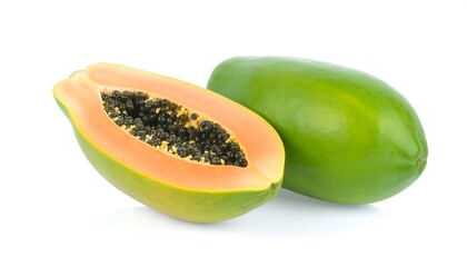 Two papaya halves, vibrant green and orange