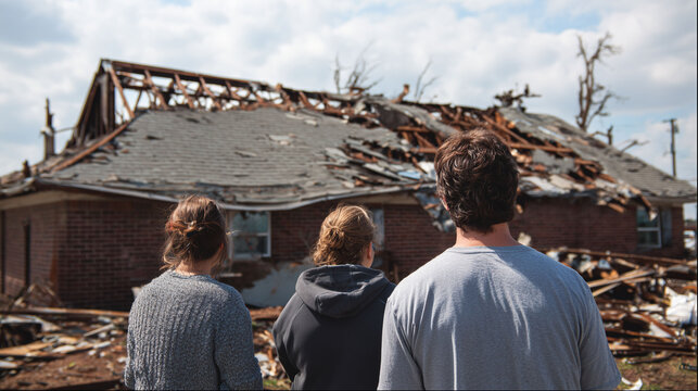 Storm damaged house with broken roof after natural disaster destruction and family looking at property damage showing climate risk recovery and rebuilding need