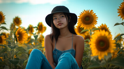portrait of asian woman wearing a black bucket hat and blue jeans, sitting in the middle of a field of sunflowers.