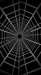 Obraz premium A captivating perspective of a geometric structure, showcasing intricate grid patterns that converge toward a central vanishing point in a dark, dramatic setting.