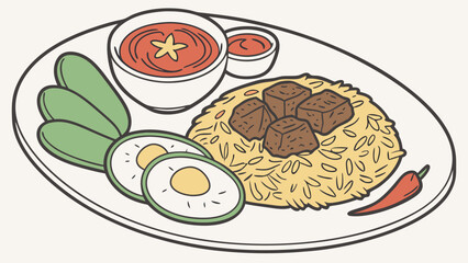 Colorful Illustrated Plate of Rice Meat Vegetables and Sauces