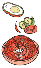 Colorful Illustration of Shrimp and Red Rice Dish with Toppings