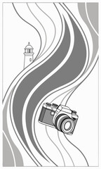 Lighthouse and Camera Illustration with Abstract Gray Wave Design