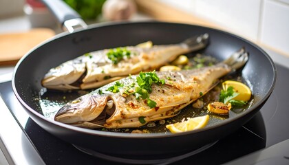 Two pan-seared fish fillets with lemon slices and herbs