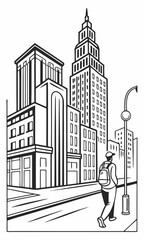 Monochrome Cityscape with Pedestrian and Towering Buildings in Graphic Style