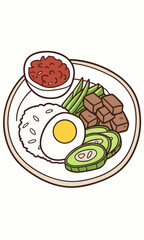 Nasi Lemak Cartoon Illustration with Egg Cucumber Tofu Rice and Sambal