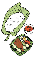 Nasi Lemak Illustration with Banana Leaf Rice and Condiments