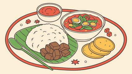 Nasi Lemak Illustration A Colorful Malaysian Dish with Rice Curry and Condiments