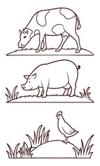 Outlined Farm Animals Cow Pig and Chicken Grazing in Fields