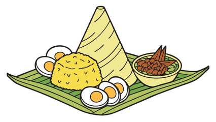 Nasi Tumpeng Illustration with Eggs Sambal Goreng Kentang and Banana Leaf