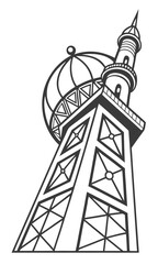 Stylized Minaret Tower with Geometric Facade and Dome Low Angle View