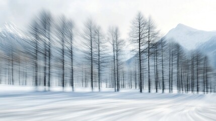 Blurred Motion View of Snow-Capped Mountains Through Trees Ã¢Â?Â" Dynamic Winter Landscape