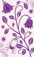 Stylized Purple Floral Arrangement with Bellflowers Star Flowers and a Spider