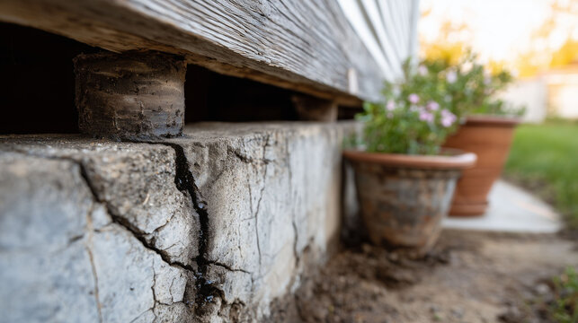 Cracked house foundation with visible structural damage concept of maintenance vulnerability inspection and repair of home defect problem