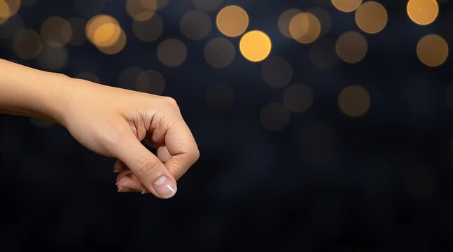 Human Hand in a Pinching or Grasping Gesture Against a Dark Background with Festive Golden Bokeh Lights.