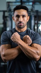 Fototapeta premium Man with crossed arms showing muscles in gym looking at the camera confidently posing