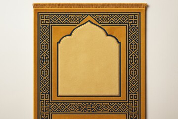 Islamic prayer rug with ornate geometric border and central mihrab design on soft light background, featuring traditional abstract patterns. Ai generative