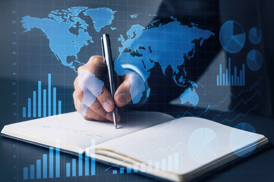 Close-up of Hand Writing in Notebook with Global Data and Financial Charts Overlay business finance