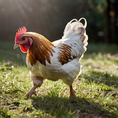 White and brown chicken walking on grassy field with sunlight filtering through trees in natural farm